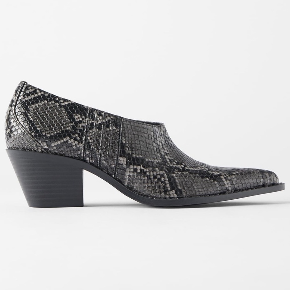 Zara Black Snake Print Cowboy Heeled Ankle Boots